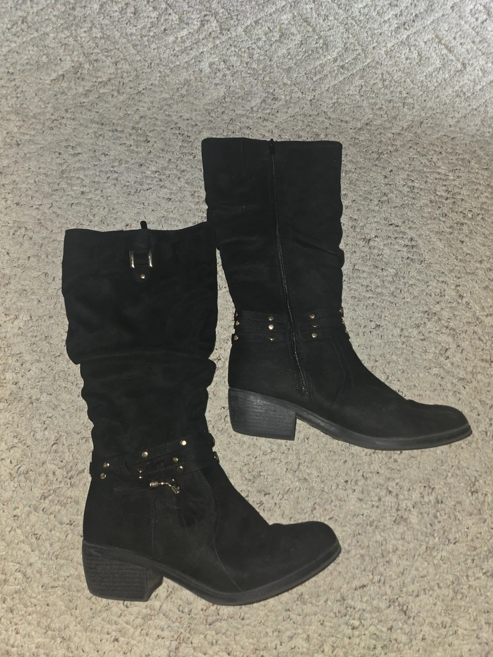 Black Suede Like Tassel Mid Calf Boots